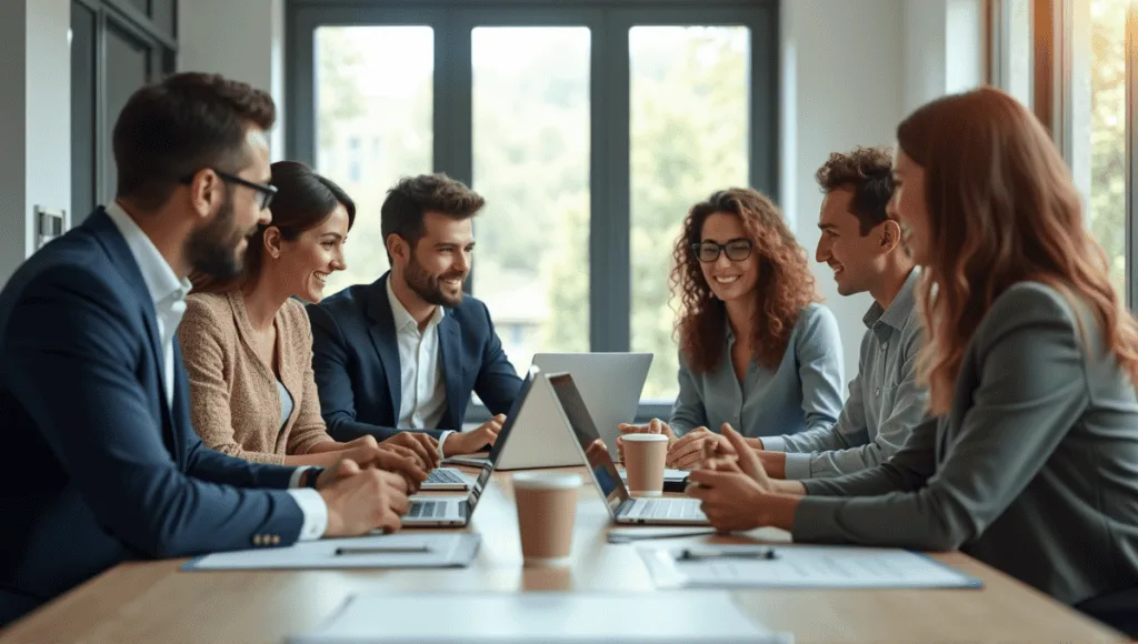 Team collaborating at a modern conference table with laptops and notes in an office.