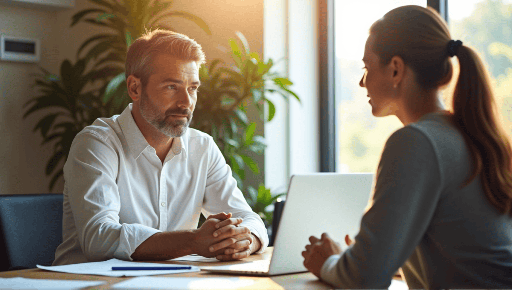 Confident manager in white shirt discusses performance with employee in casual sweater at conference table.