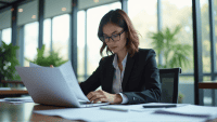 Focused professional reviewing crisis response plans at a well-organized office desk.