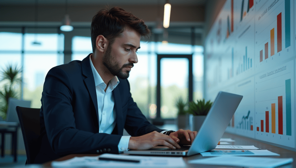 Focused individual analyzing data on a laptop surrounded by KPI charts in a modern office.