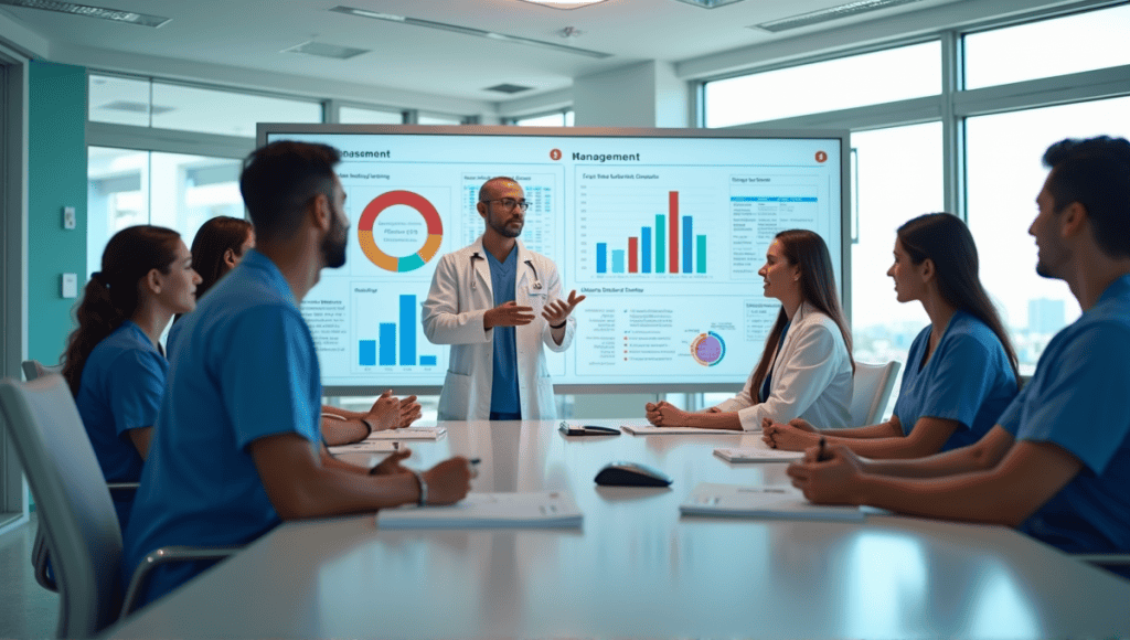 Healthcare professionals collaborating in a modern conference room, discussing Kaizen tools and techniques.