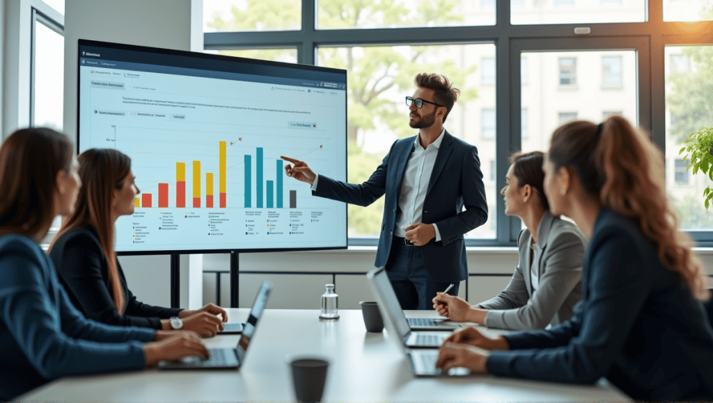 Group of professionals in a modern office, collaborating during a dynamic meeting presentation.