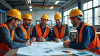 Engineers in safety gear collaborate over blueprints in a well-lit workshop.