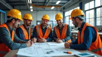 Engineers in safety gear collaborate over blueprints in a well-lit workshop.