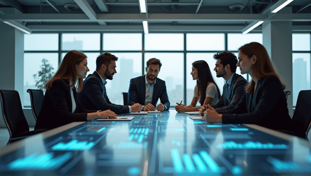 Professionals collaborating around a table, analyzing supply chain metrics and key performance indicators.