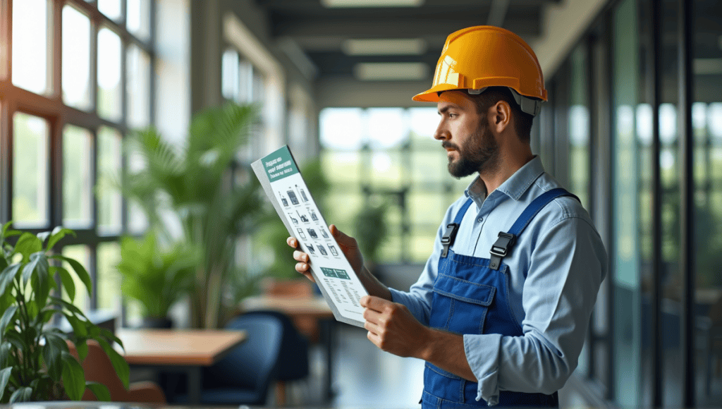 Engineer in safety helmet analyzing environmental waste chart in a modern, plant-filled office.