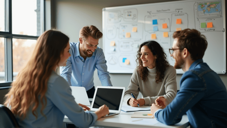 Group of professionals collaborating on an agile development project in a modern workspace.