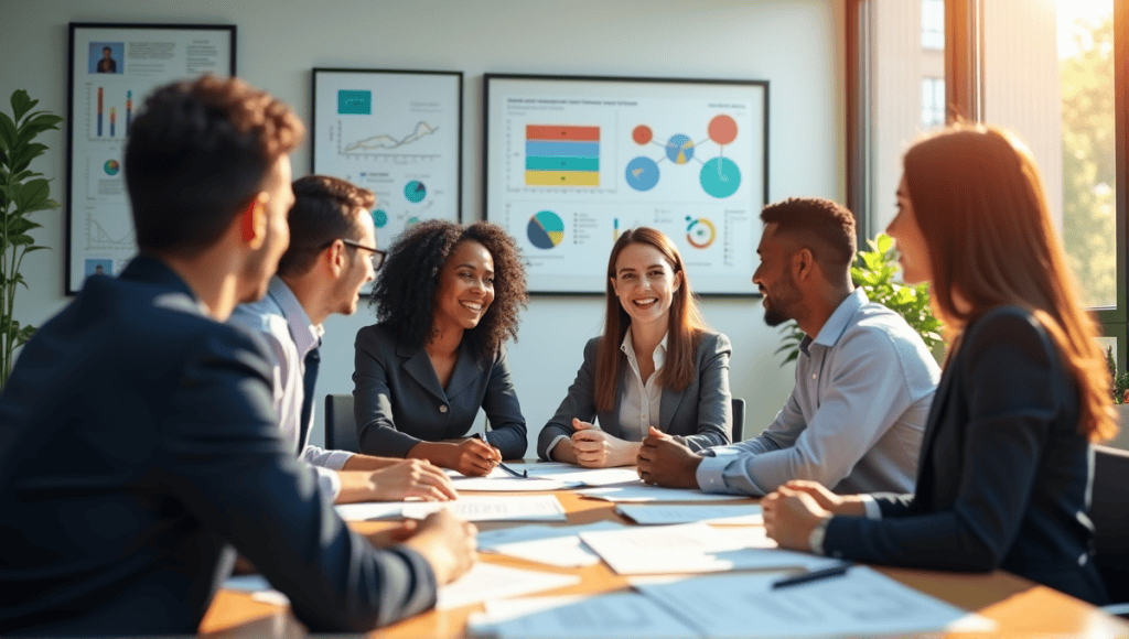 Professionals in an office discussing project management quality planning with charts and documents.