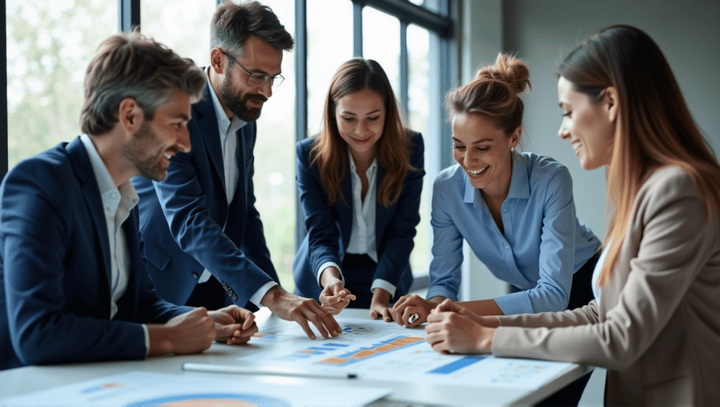 Team of professionals collaborating on logistics charts and automation technology in a modern office.