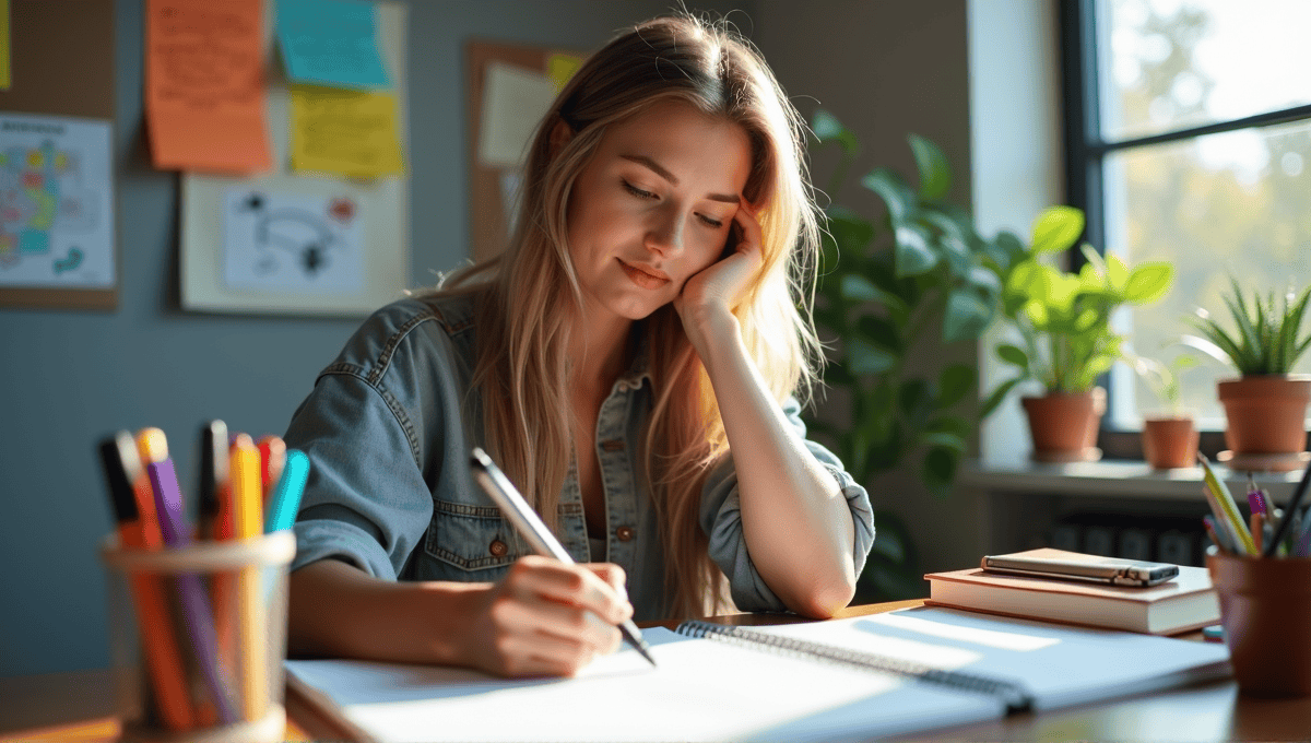 Woman engaged in visual thinking, surrounded by colorful tools in a modern workspace.