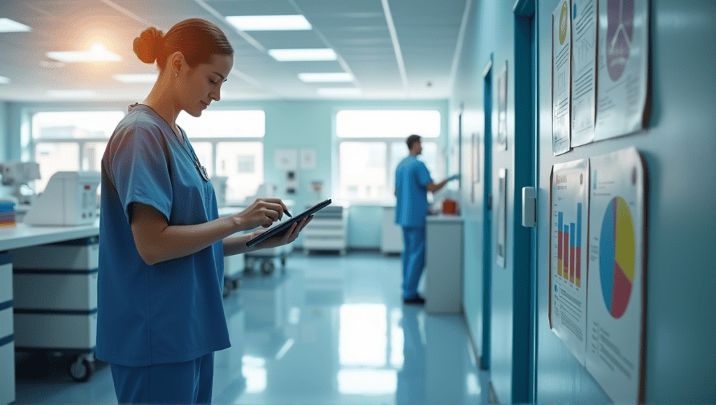 Healthcare professional applying Kaizen techniques in a modern hospital, organizing equipment using 5S methodology.