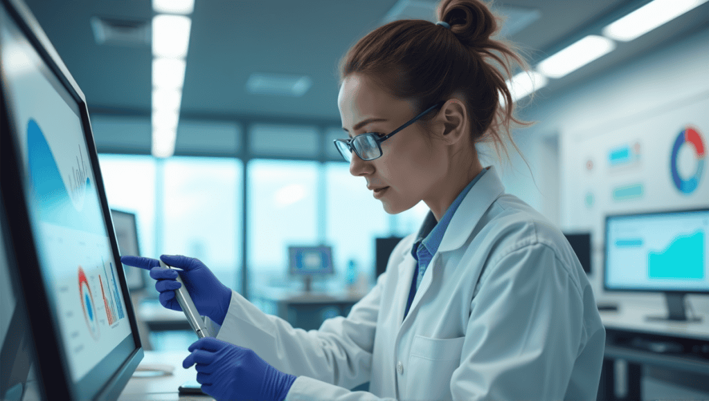 Researcher in a lab coat analyzing data with charts and graphs in the background.