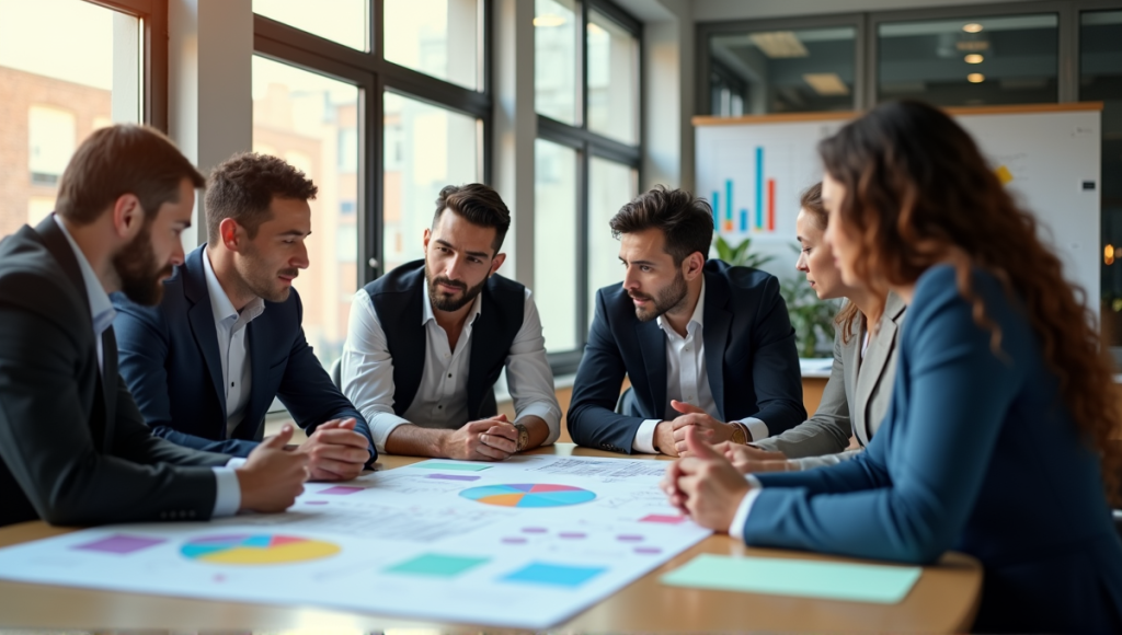 A team of professionals collaborating around a table with charts and notes in an office.