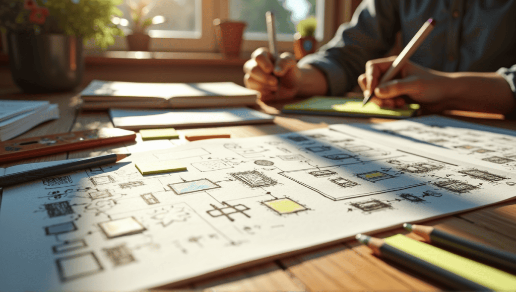 Creative workspace with sketchpads, colored pencils, sticky notes, and scattered diagrams on a table.