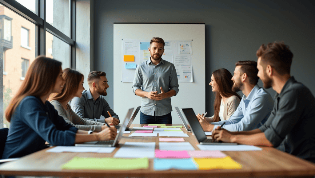 A group of professionals collaborating during a sprint planning session around a conference table.