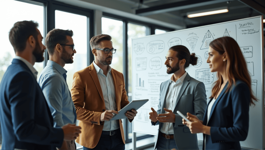 IT professionals collaborating in a modern office, discussing ideas near a whiteboard.