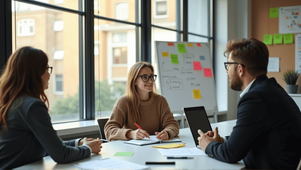 Scrum Master in a modern office facilitating a collaborative team discussion with tools.