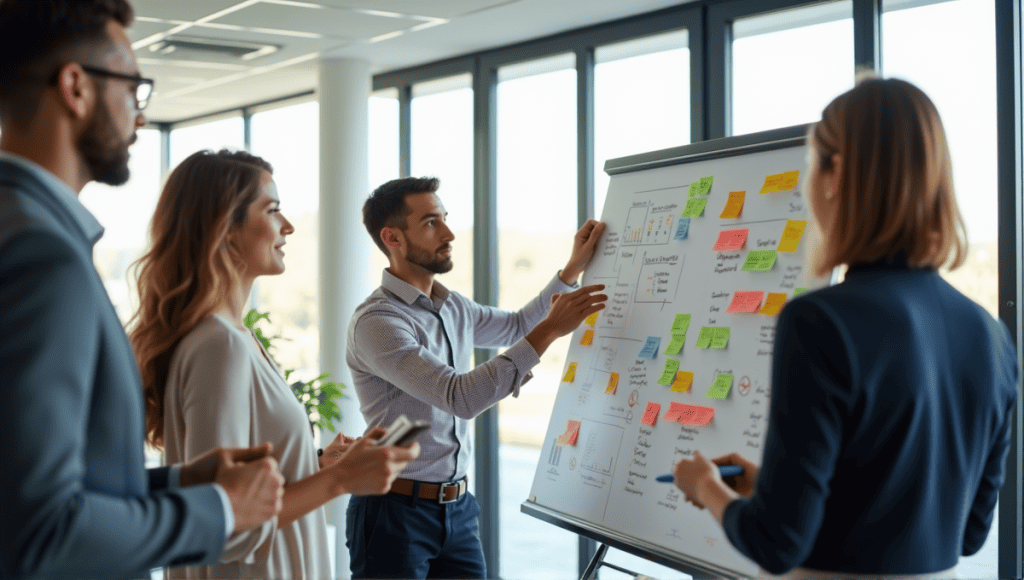 Professionals collaborating in an office, using Scrum boards with sticky notes and charts.