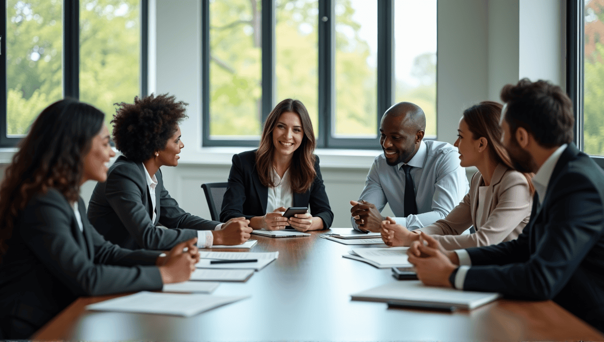 Group of professionals collaborating at a conference table, sharing ideas and strategies.