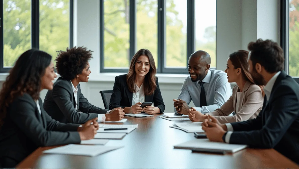 Group of professionals collaborating at a conference table, sharing ideas and strategies.