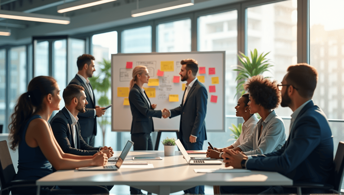 Professionals in modern attire collaborating in a bright office with a whiteboard of ideas.