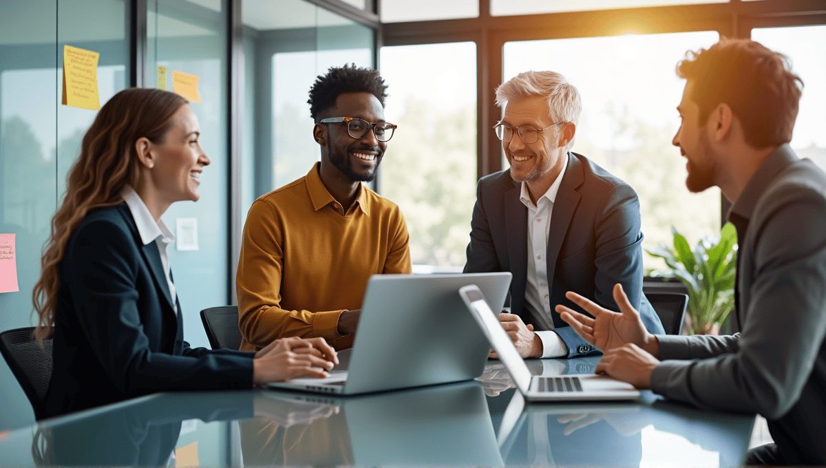 A team of professionals collaborating in a modern office with sticky notes and laptops.