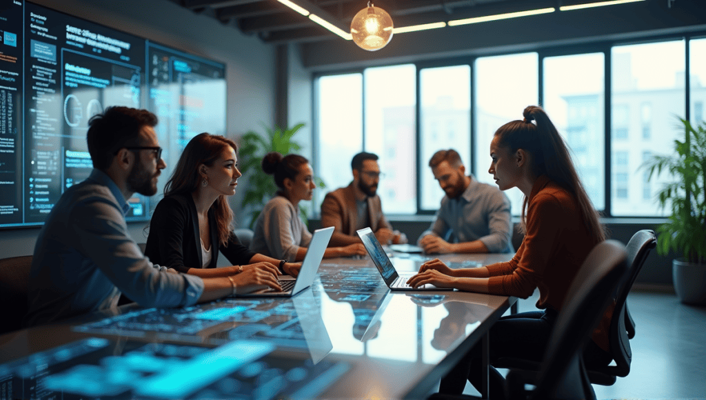 Group of employees brainstorming at a modern tech office table, engaged in collaboration.