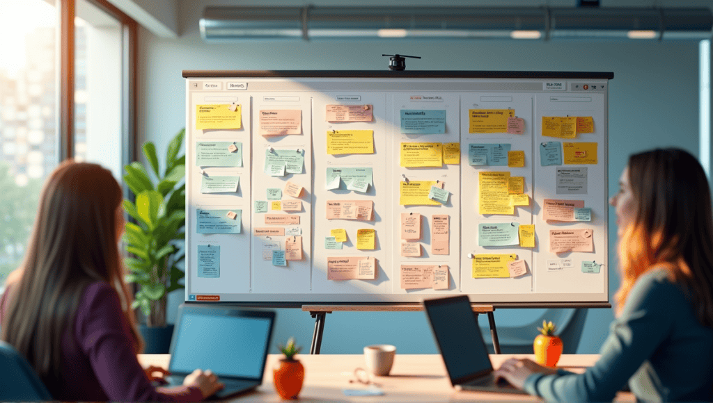 Modern scrum board with colorful sticky notes and diagrams in a bright office setting.