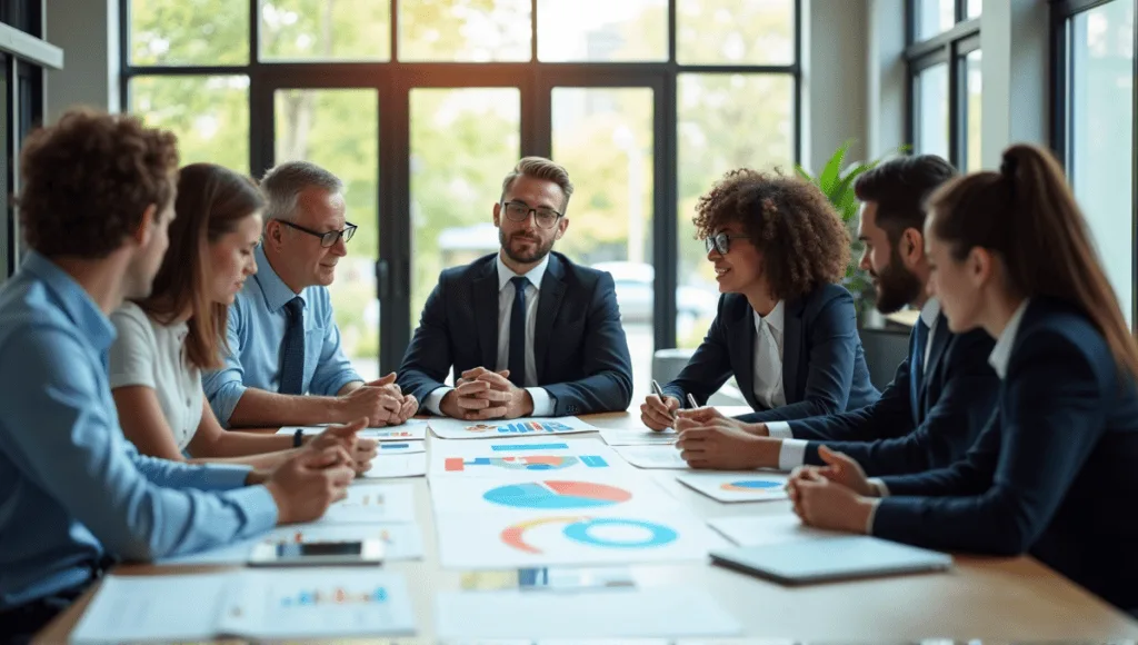 Professionals in business attire engaged in discussion around a large table with charts.