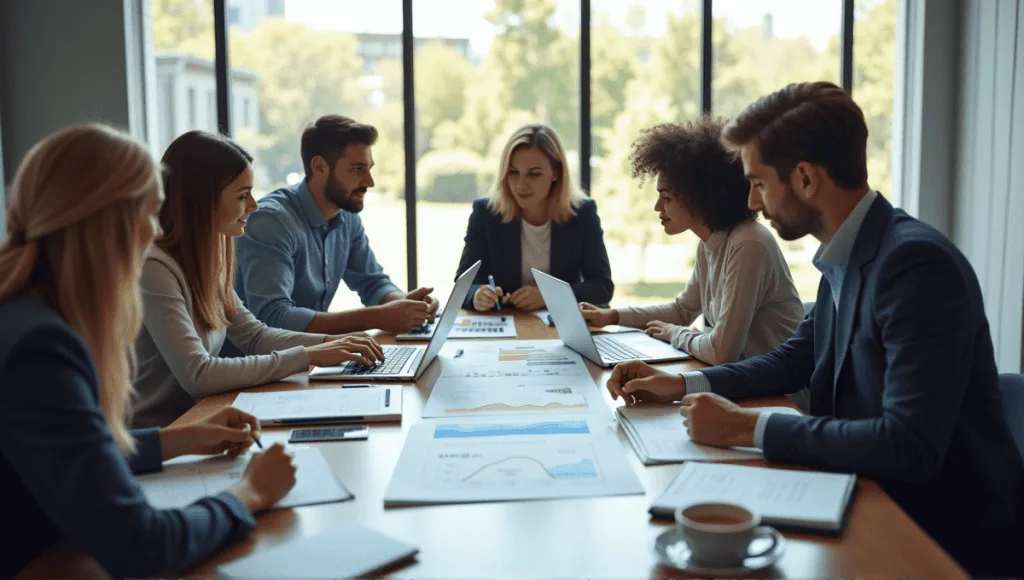 Analysts discussing data trends at a modern conference table in a bright office.