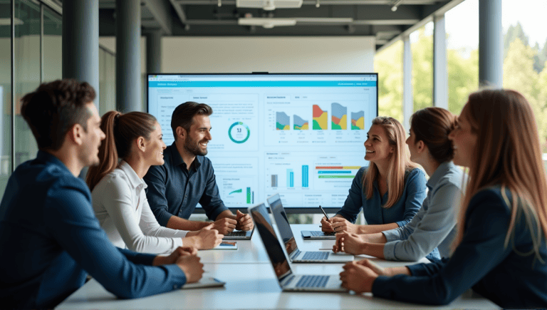 Team of professionals discussing agile issue tracking charts on a digital screen in an office.