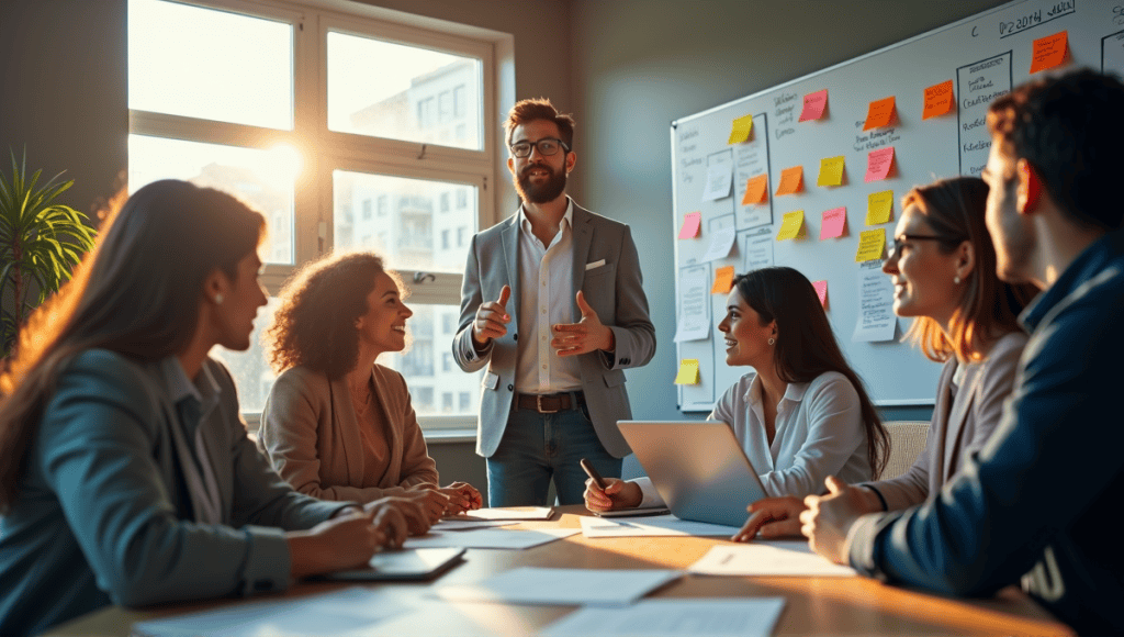 Group of professionals brainstorming in a modern office, showcasing collaboration and innovation.