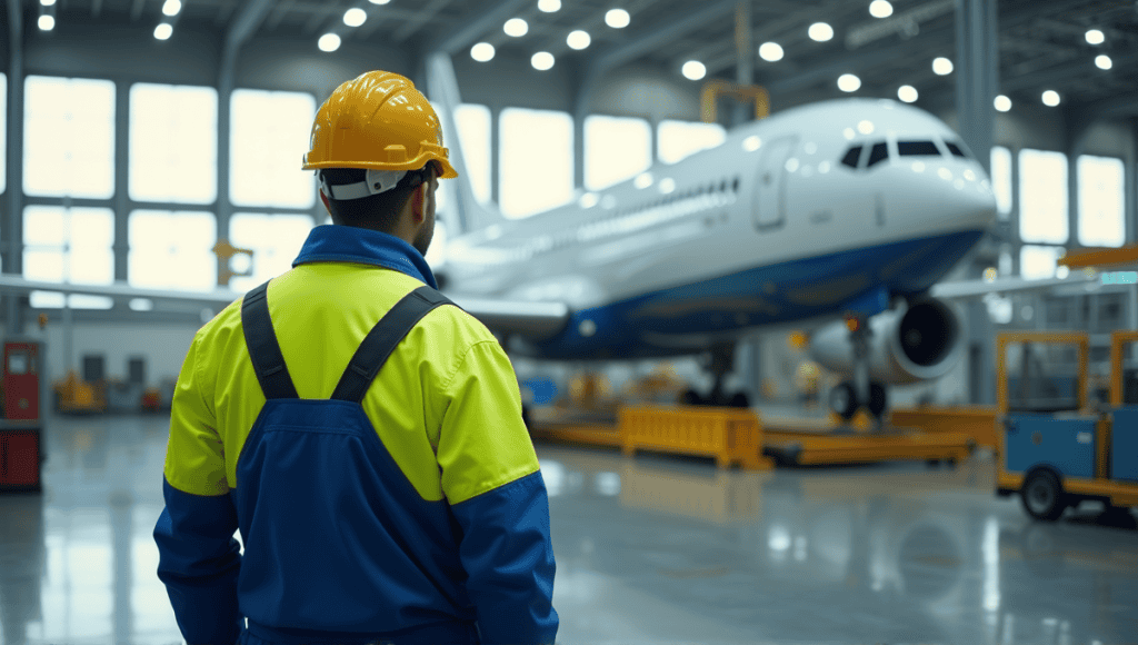 Engineer in blue overalls and high-visibility jacket working on aircraft assembly line.