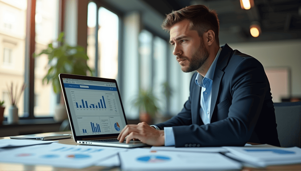 Financial analyst in business attire studying data charts and reports in a modern office.