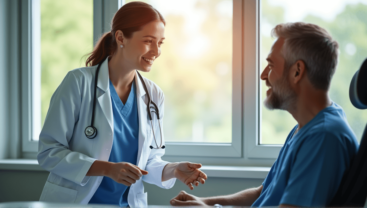 Healthcare professional in scrubs discussing with a patient in a bright hospital room.