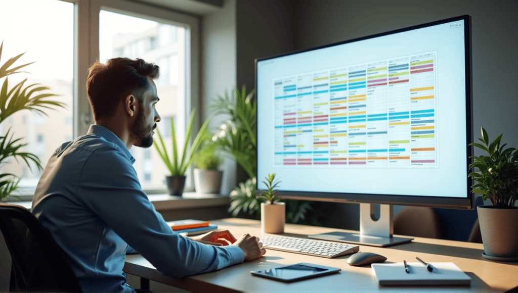 Professional in business casual attire creating swim lane diagrams on a digital screen.