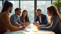 Group of professionals collaborating at a table during a planning poker session.