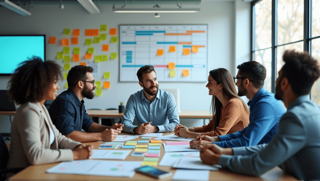 Professionals collaborating in a modern office with Agile estimation tools and digital screens.