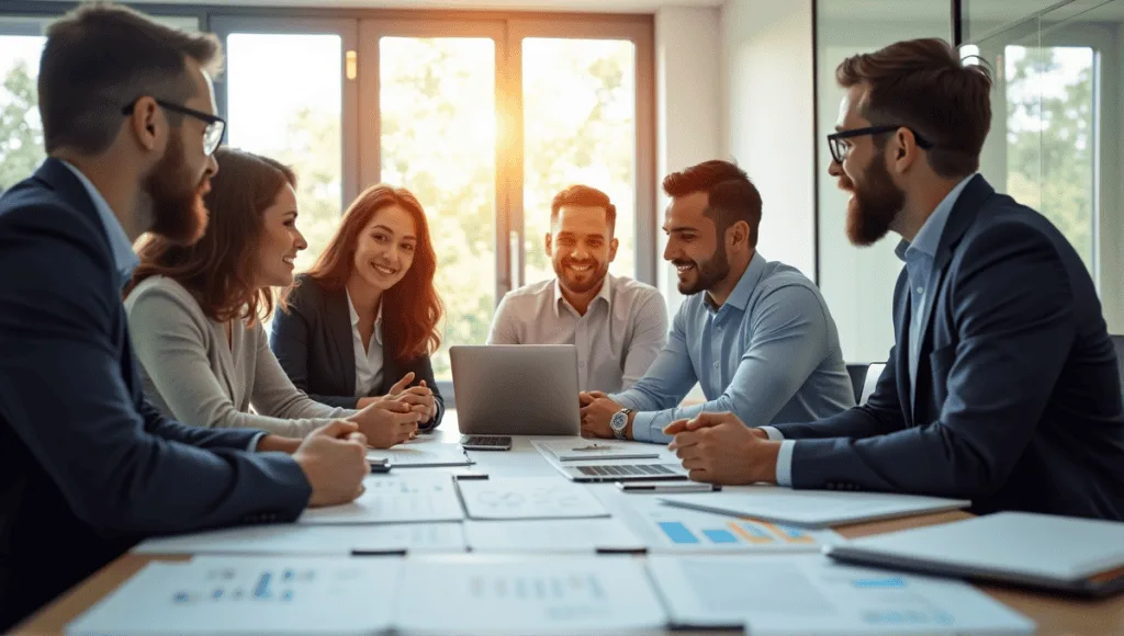 A group of professionals collaborating in a modern office, focusing on teamwork and innovation.