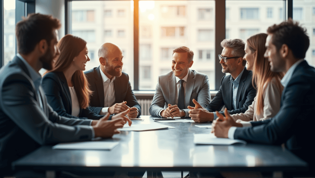 Group of professionals in business attire engaged in a discussion at a conference table.