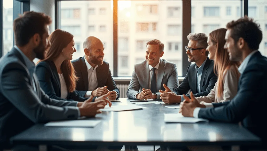 Group of professionals in business attire engaged in a discussion at a conference table.