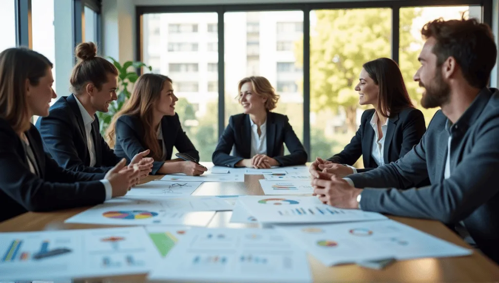 Group of employees brainstorming around a conference table in a modern office setting.