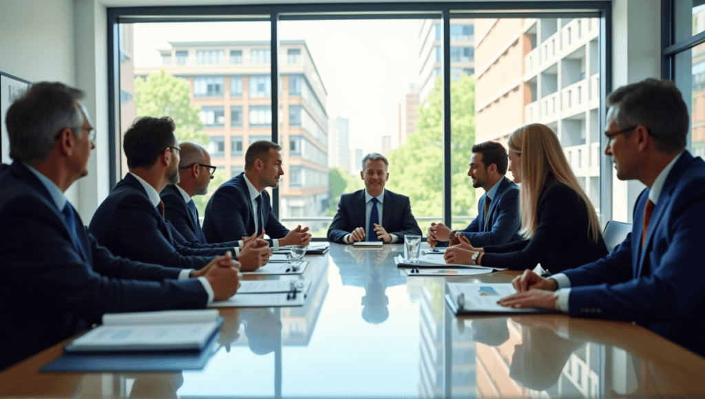 Group of government officials in formal attire collaborating during a meeting around a conference table.