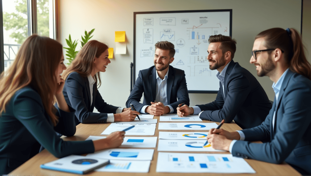 Team engaged in discussion around a table filled with charts and diagrams in a modern office.