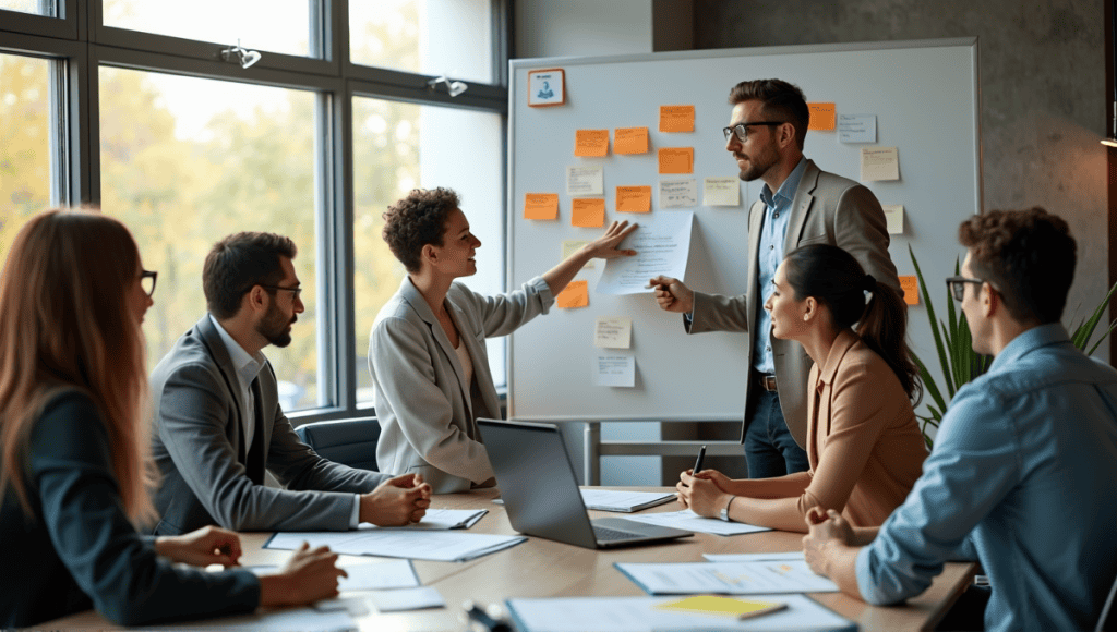 Group of professionals collaborating around a Scrum board in a modern office setting.