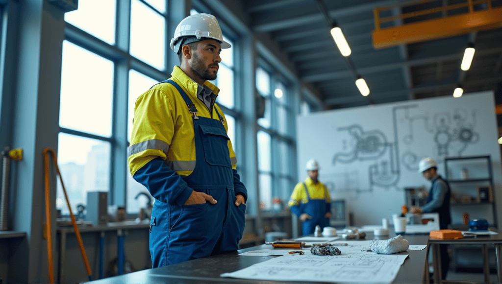 Engineer in blue overalls analyzes blueprints in a modern office, reflecting on Kaizen challenges.