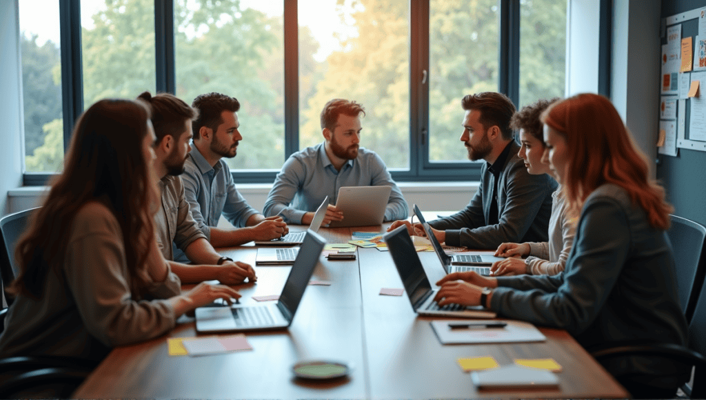 Group of professionals collaborating on a tech project around a conference table.