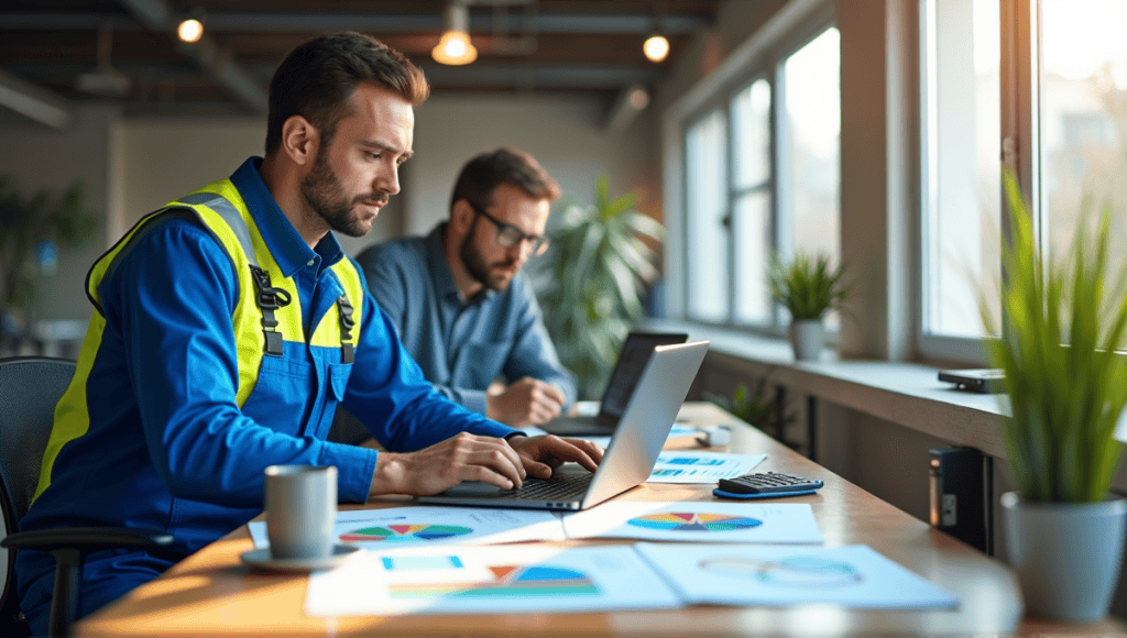 Engineer in blue overalls collaborating on a laptop amidst Agile tools in an office.