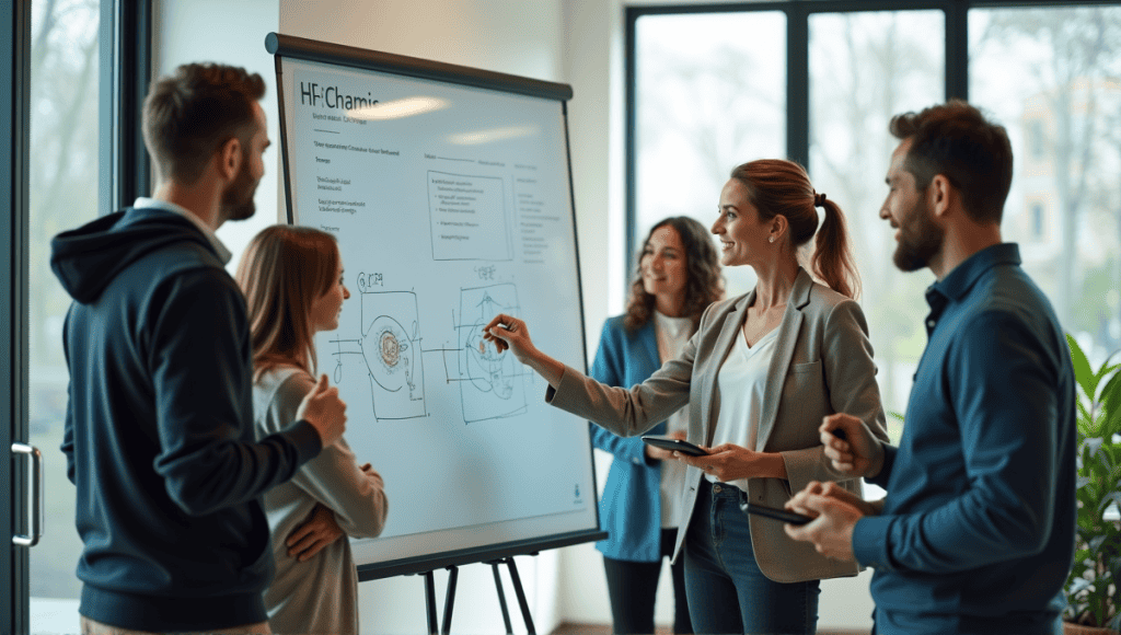 A collaborative workspace with professionals sharing knowledge around a digital whiteboard.