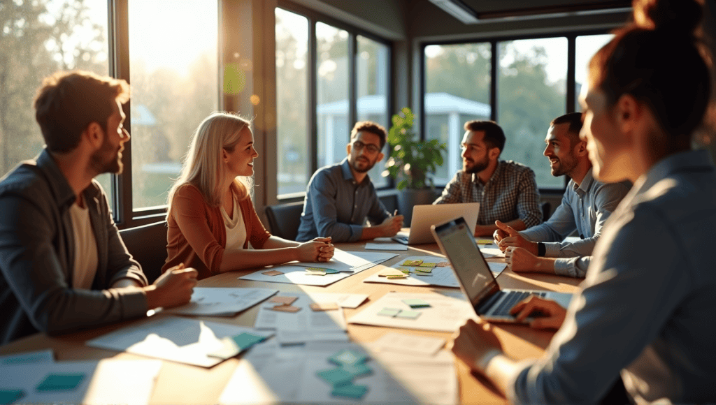 Team of professionals collaborating during a sprint retrospective meeting around a large table.